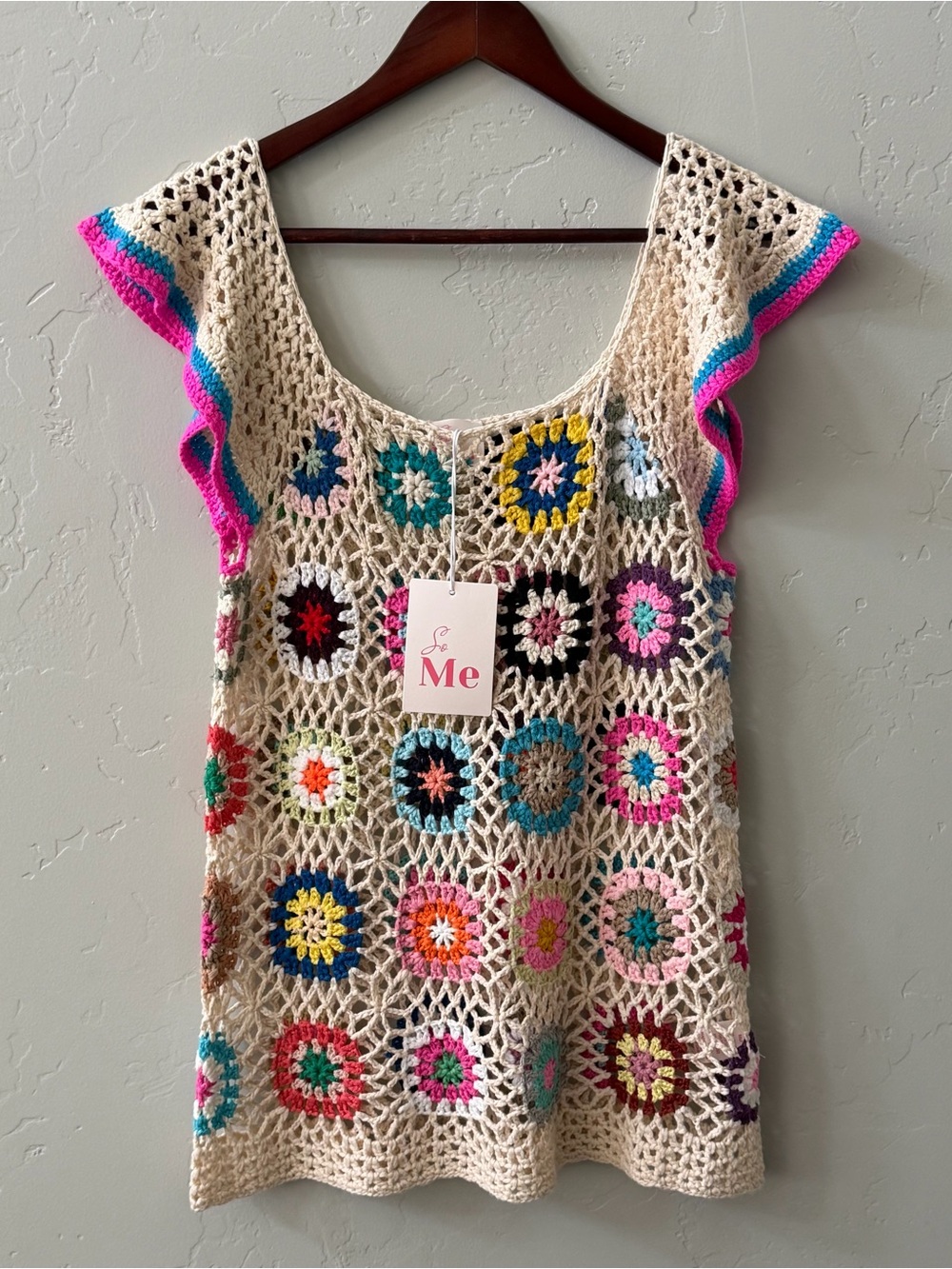So Me Womens Granny Square Crochet Top Size M Oatmeal Boho Patchwork Festival - Picture 2 of 9